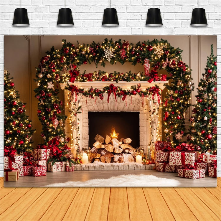 Fireplace Christmas Photography Backdrop Garland Ornaments Backdrop BRP11-220