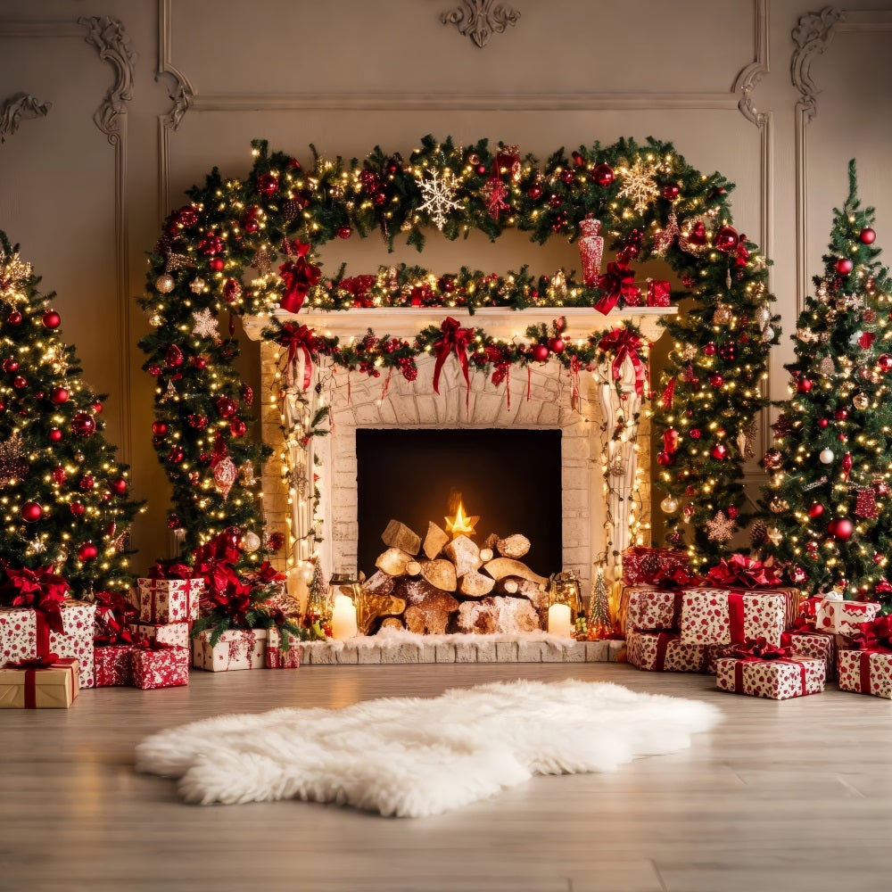 Fireplace Christmas Photography Backdrop Garland Ornaments Backdrop BRP11-220