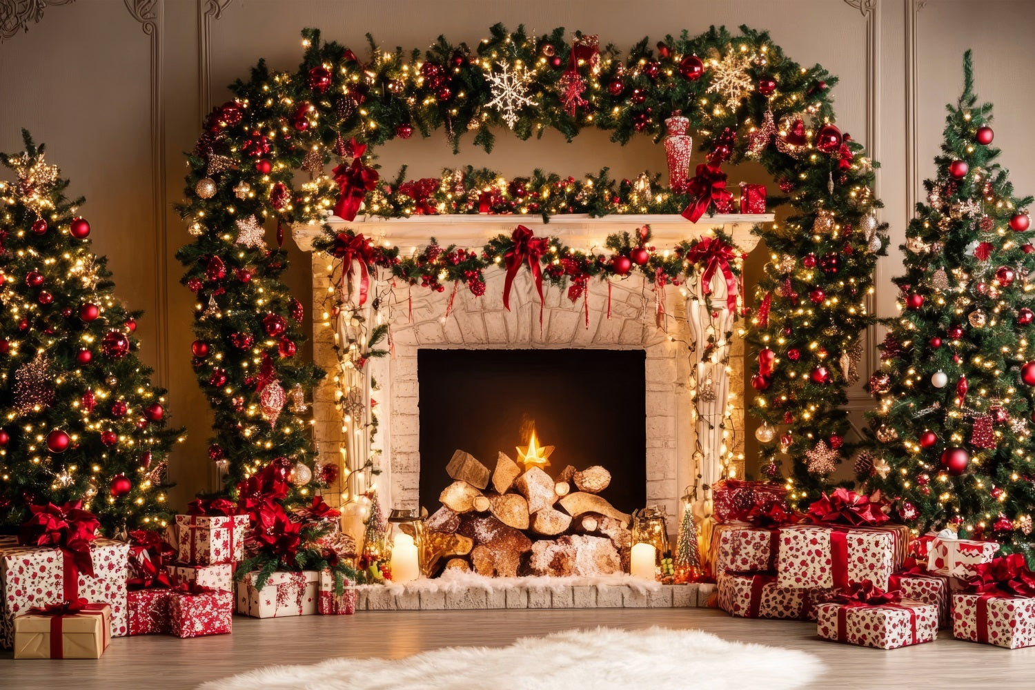 Fireplace Christmas Photography Backdrop Garland Ornaments Backdrop BRP11-220