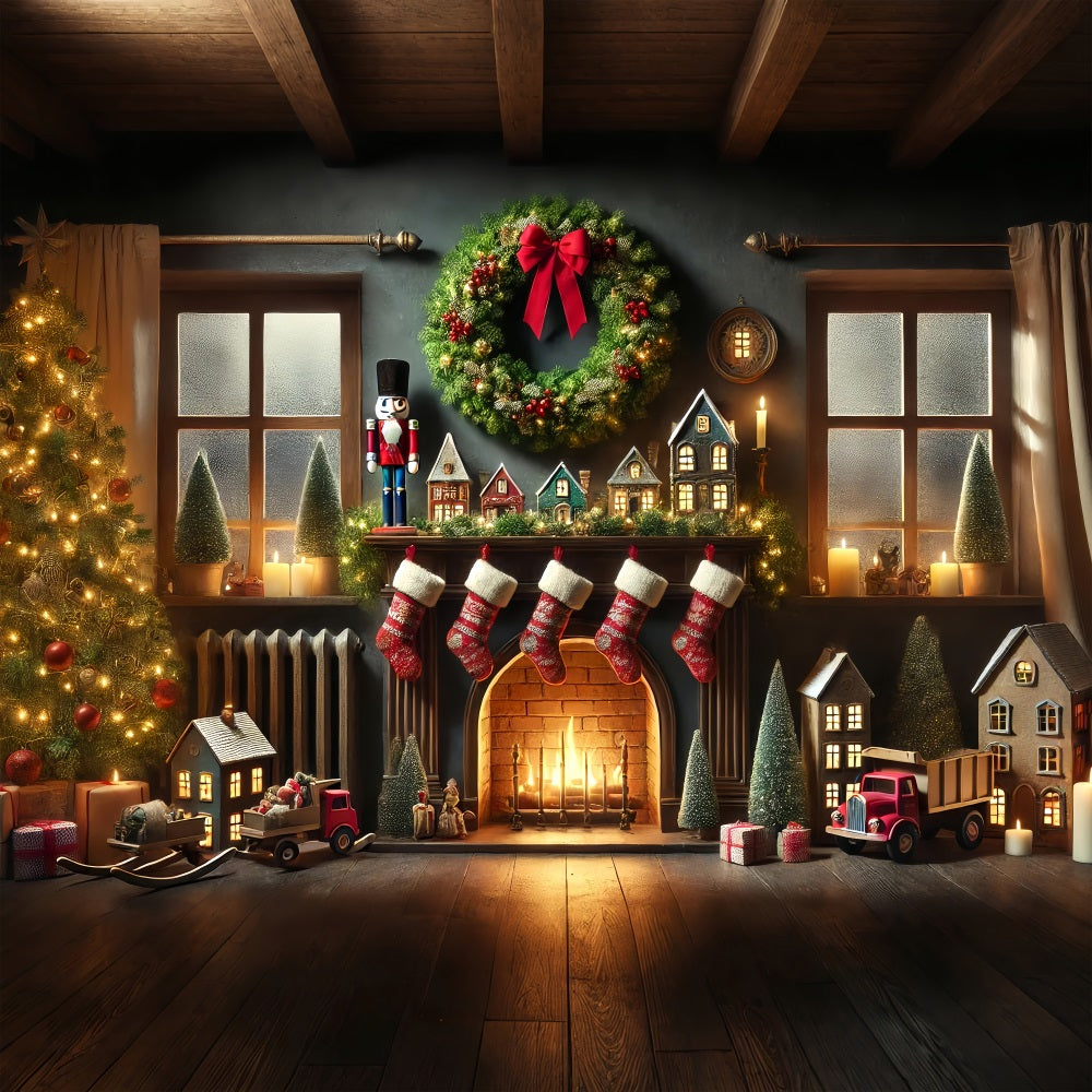 Christmas Photoshoot Backdrop Toys Stockings Fireplace Backdrop BRP11-224