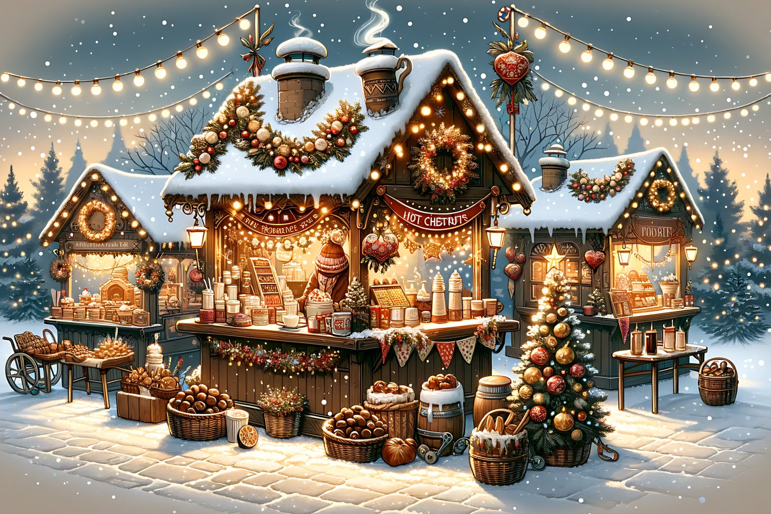 Christmas Village Backdrop Snowy Market Scene Backdrop BRP11-225