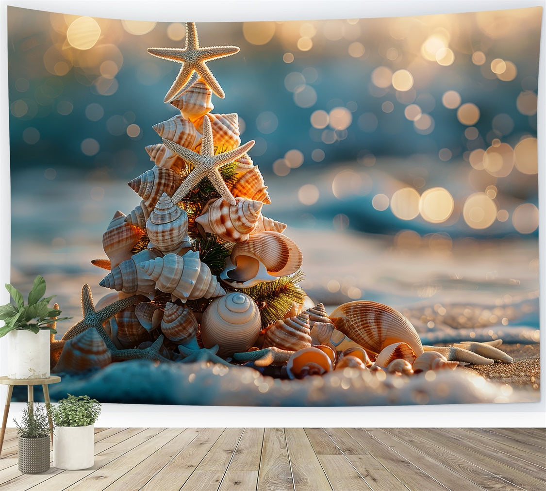 Christmas Fabric Backdrop Beachy Seashell Tree Starfish Backdrop BRP11-229