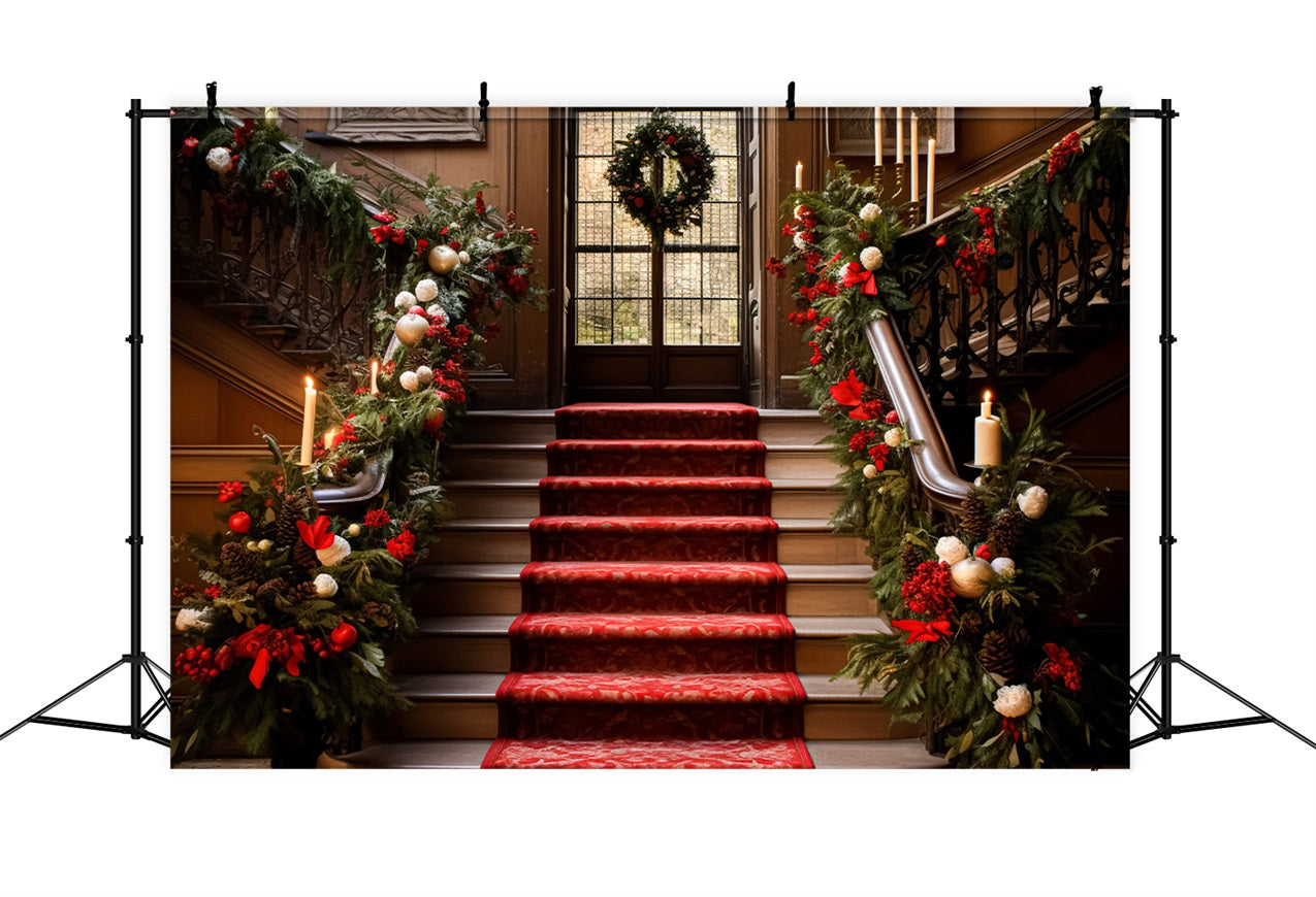 Elegant Christmas Backdrop Staircase Red Carpet Garland Backdrop BRP11-237