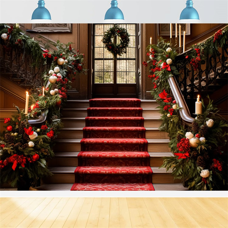 Elegant Christmas Backdrop Staircase Red Carpet Garland Backdrop BRP11-237