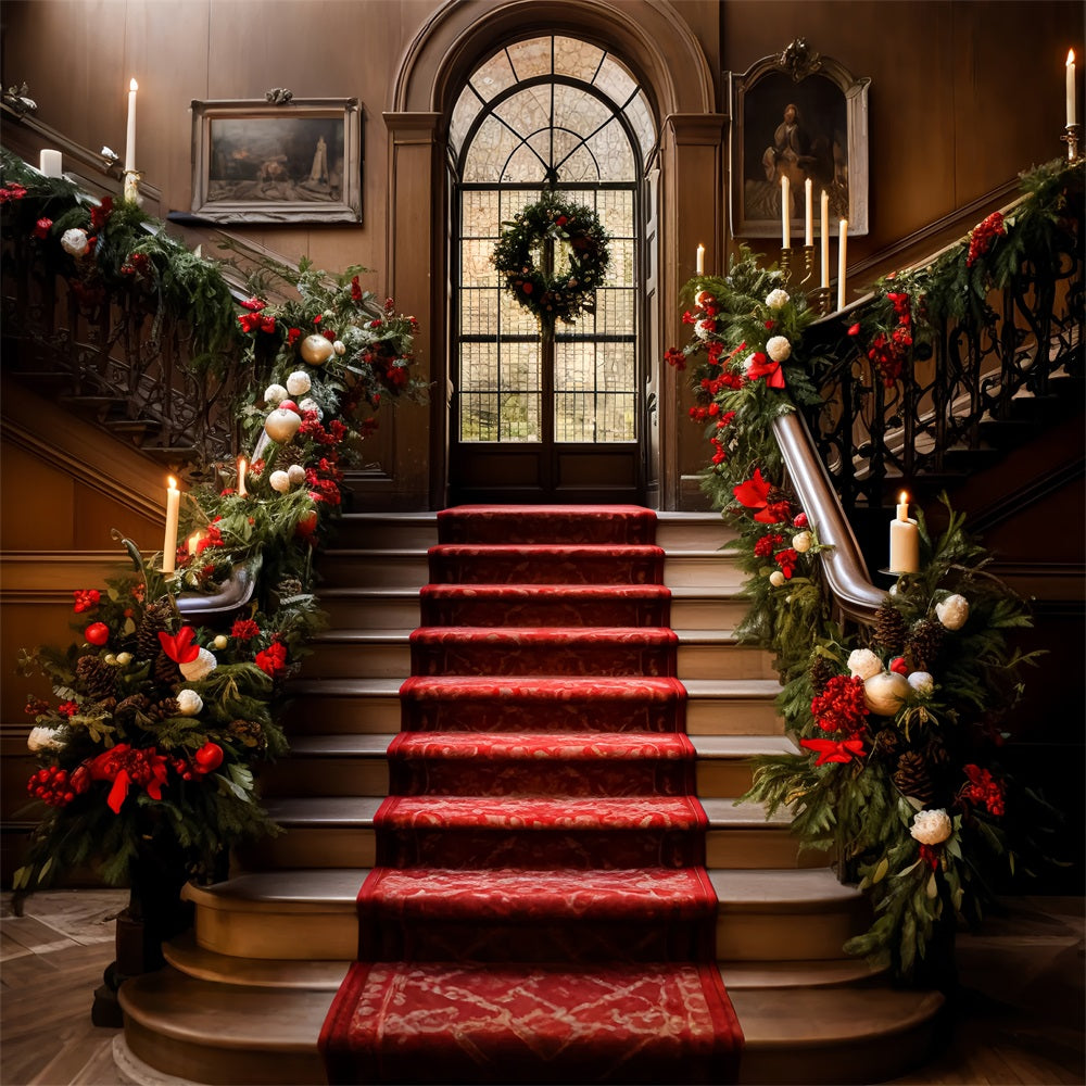 Elegant Christmas Backdrop Staircase Red Carpet Garland Backdrop BRP11-237