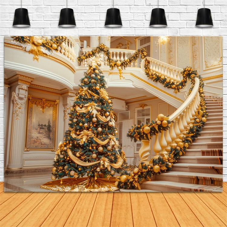 Christmas Party Backdrops Golden Staircase Tree Decor Backdrop BRP11-238