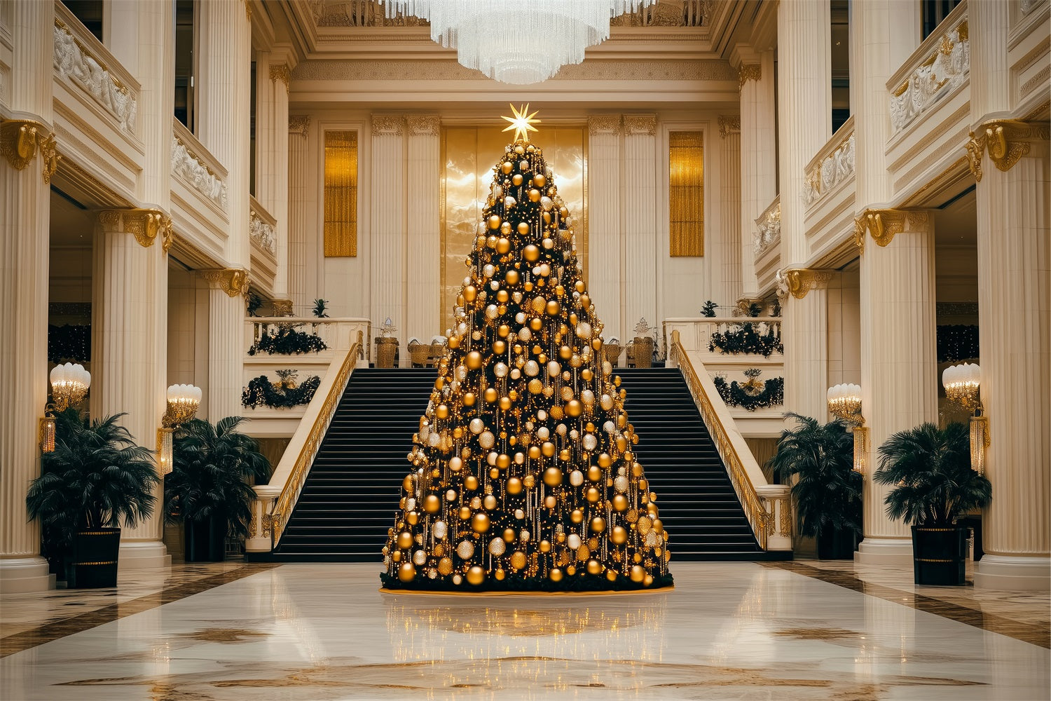 Merry Christmas Backdrops Golden Tree Grand Hall Backdrop BRP11-240