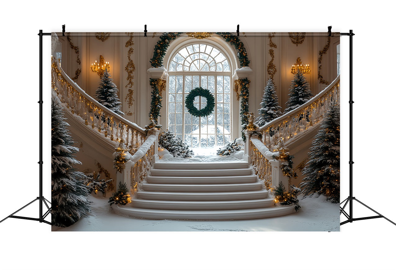 Christmas Snow Backdrop Golden Accents Staircase Backdrop BRP11-244