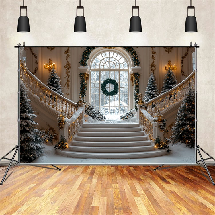 Christmas Snow Backdrop Golden Accents Staircase Backdrop BRP11-244