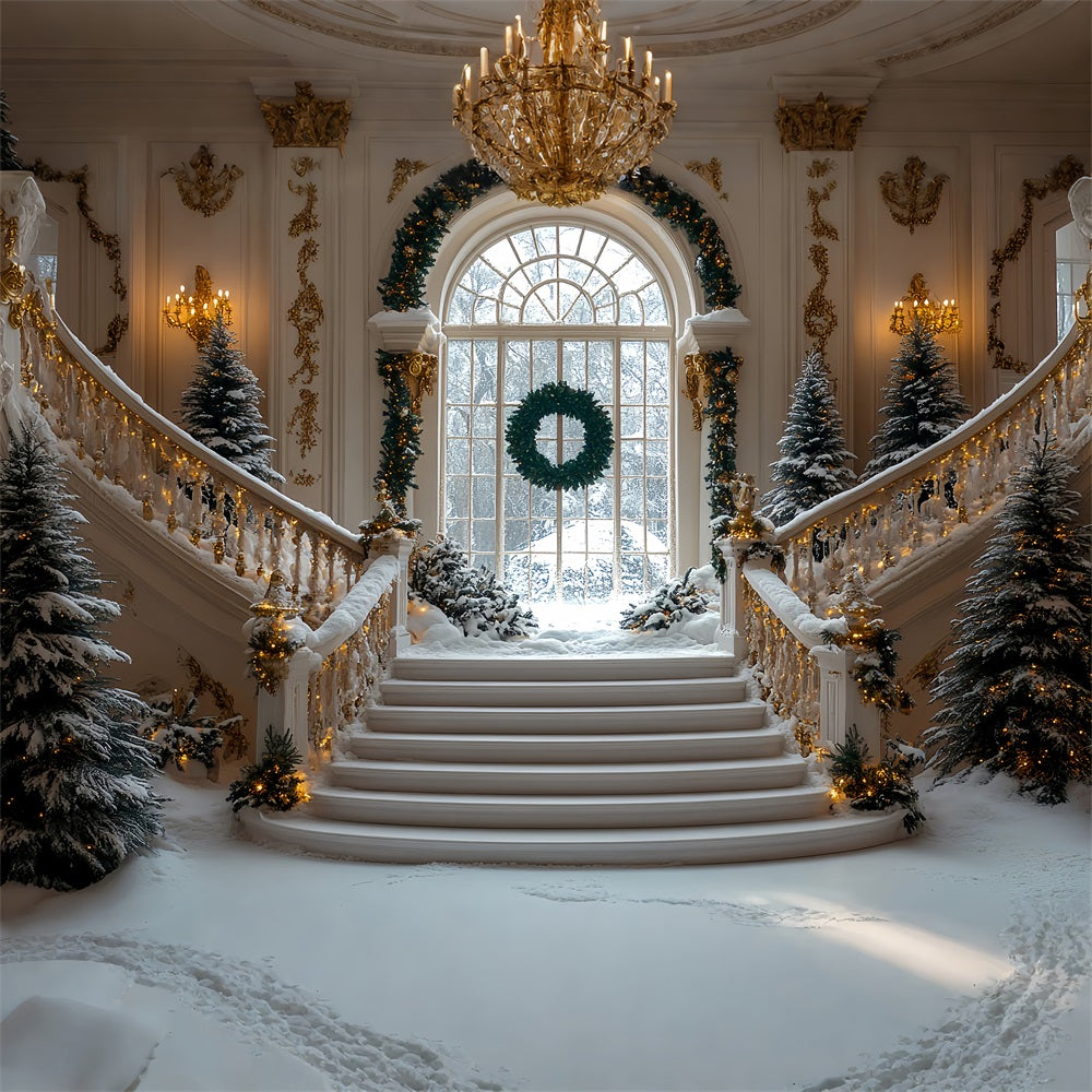 Christmas Snow Backdrop Golden Accents Staircase Backdrop BRP11-244