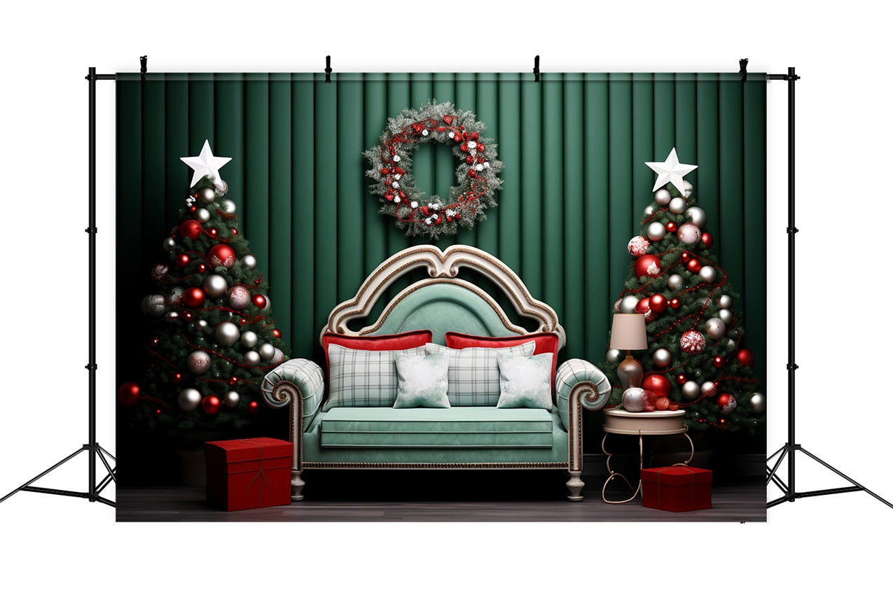 Christmas Picture Backdrops Green Wall Wreath Sofa Backdrop BRP11-246