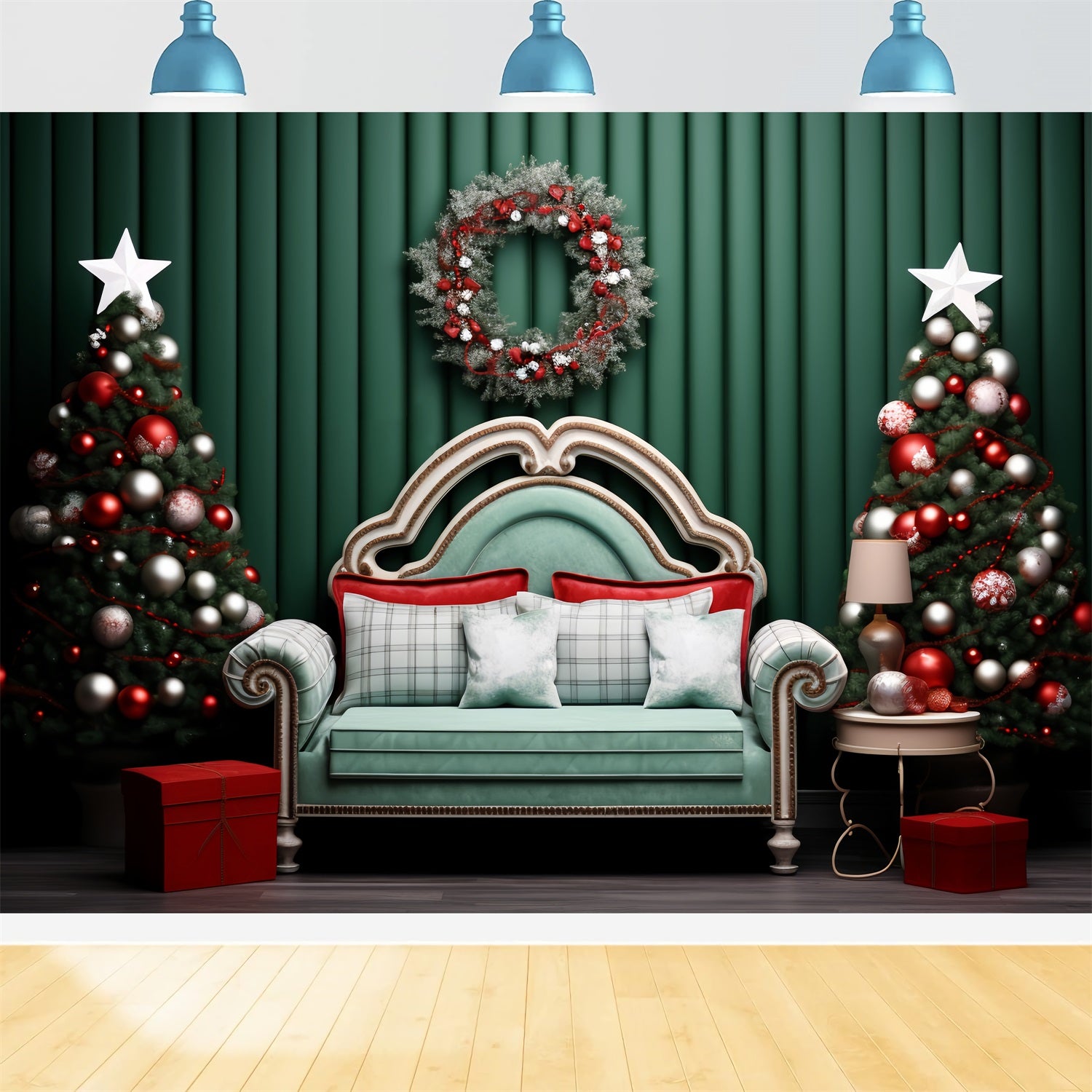 Christmas Picture Backdrops Green Wall Wreath Sofa Backdrop BRP11-246