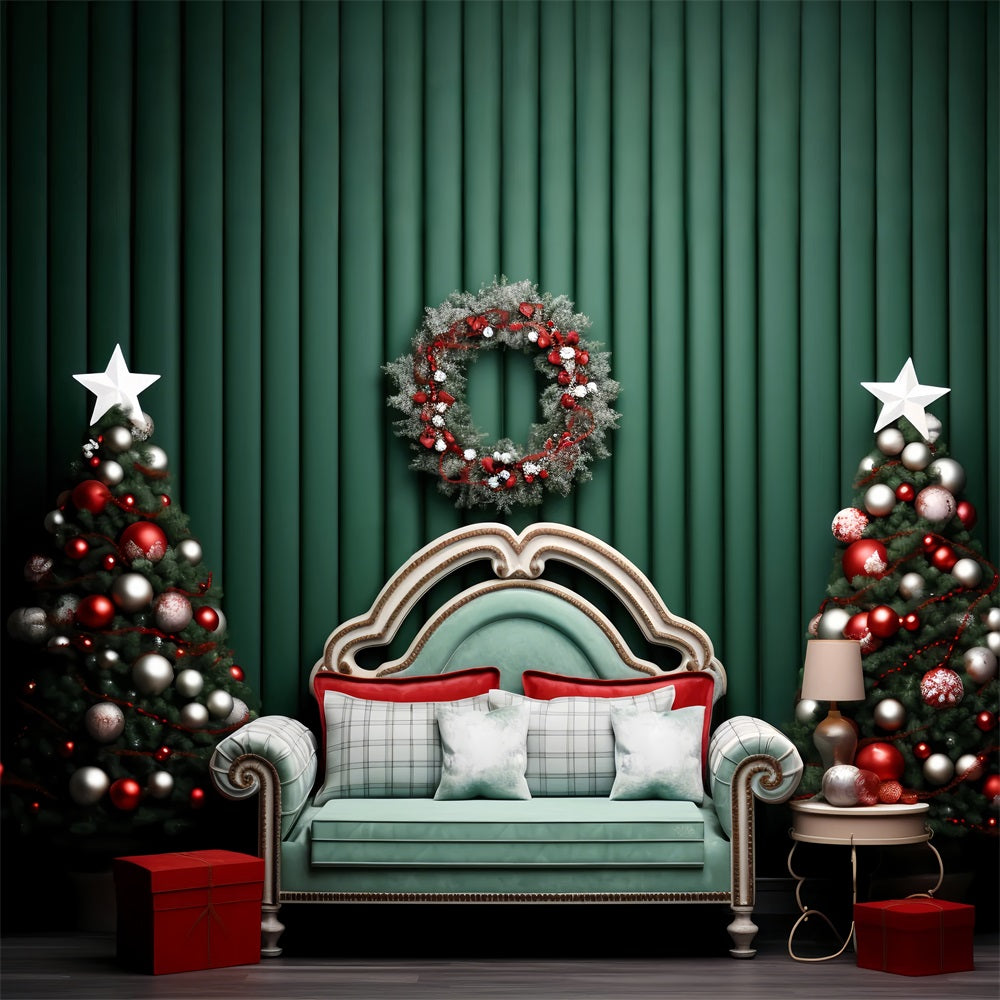 Christmas Picture Backdrops Green Wall Wreath Sofa Backdrop BRP11-246