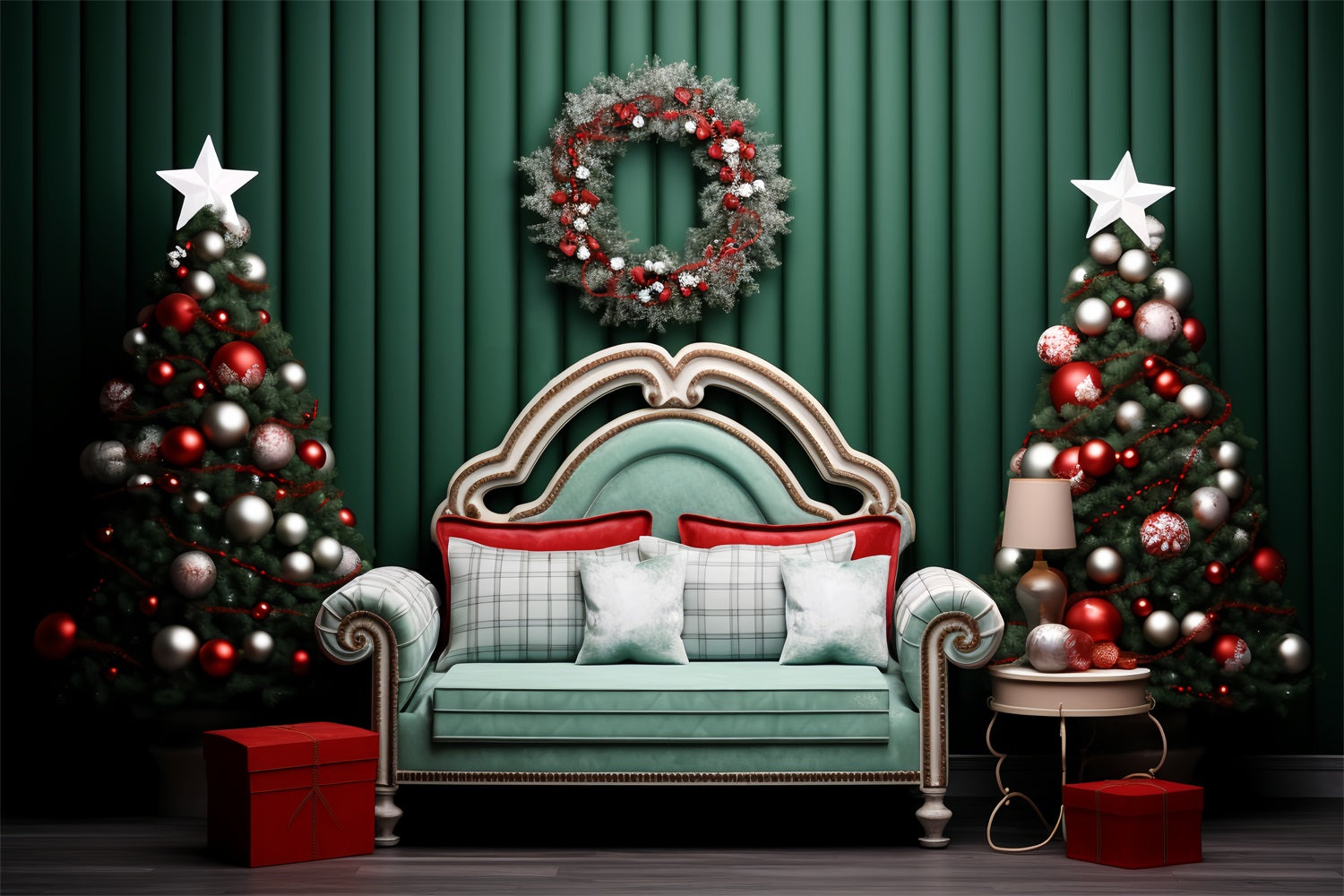 Christmas Picture Backdrops Green Wall Wreath Sofa Backdrop BRP11-246