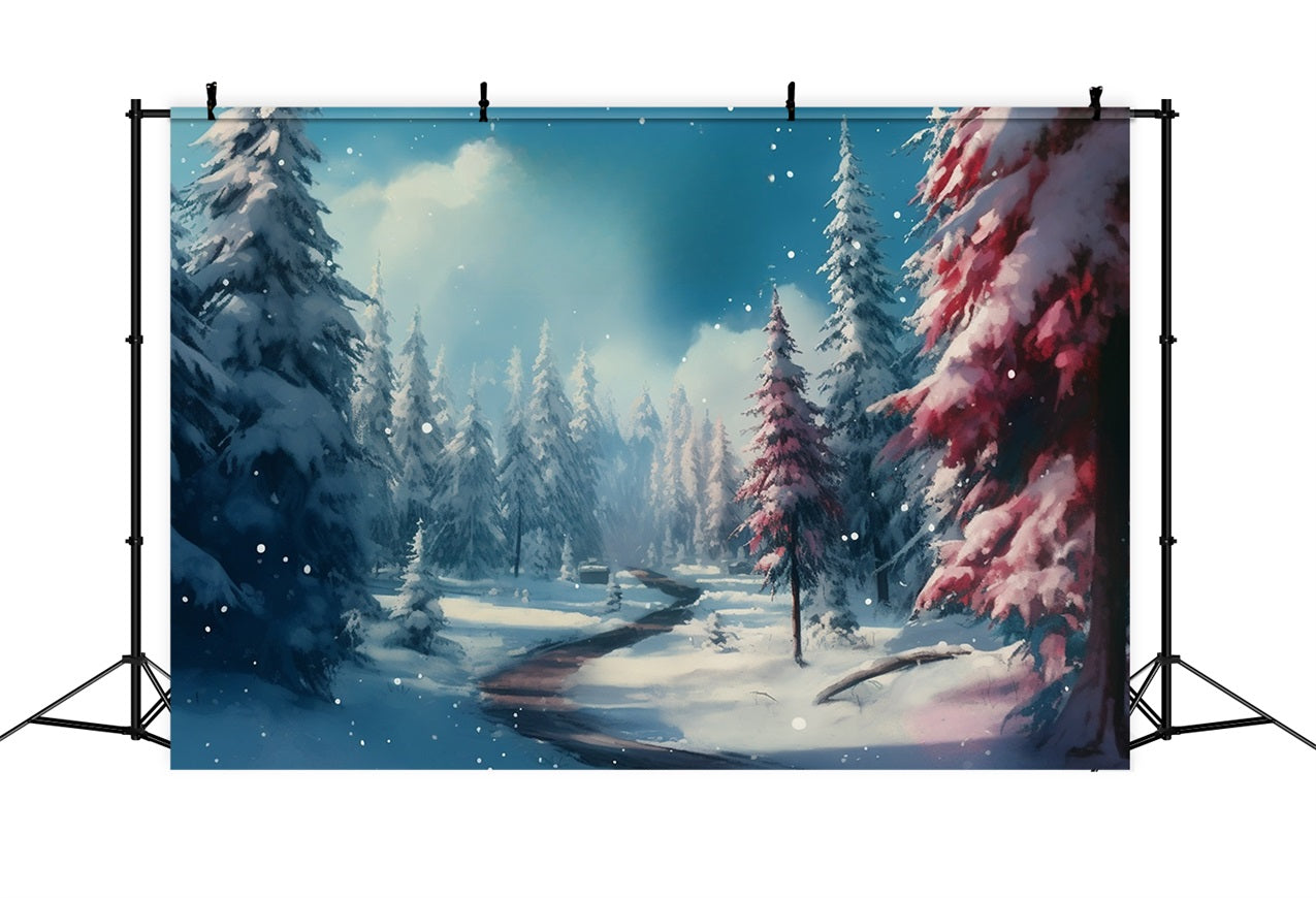 Winter Backdrop Snowy Forest Path Pink Trees Backdrop BRP11-265