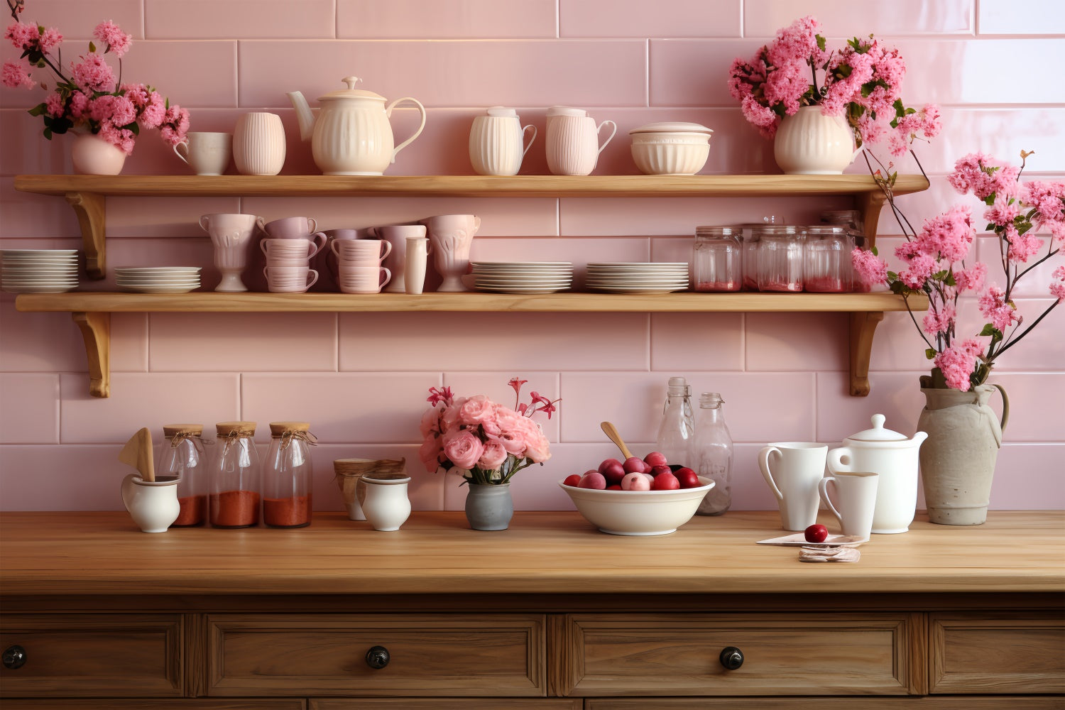 Valentine Photography Backdrop Pink Shelves Kitchen Display Backdrop BRP11-279