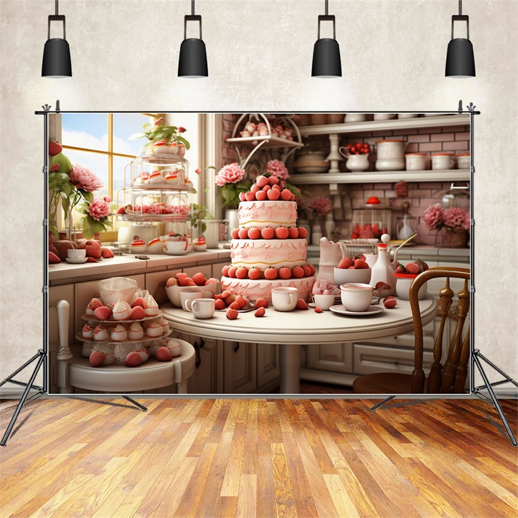 Valentine Backdrop Photography Strawberry-Laden Dessert Table Backdrop BRP11-283