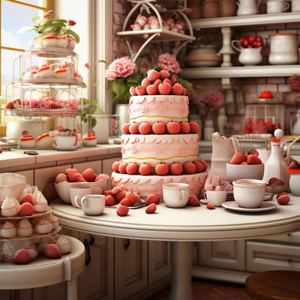 Valentine Backdrop Photography Strawberry-Laden Dessert Table Backdrop BRP11-283