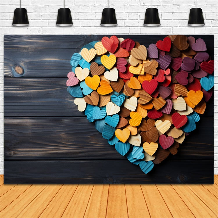 Valentines Party Backdrop Rainbow Hearts Wood Theme Backdrop BRP11-293