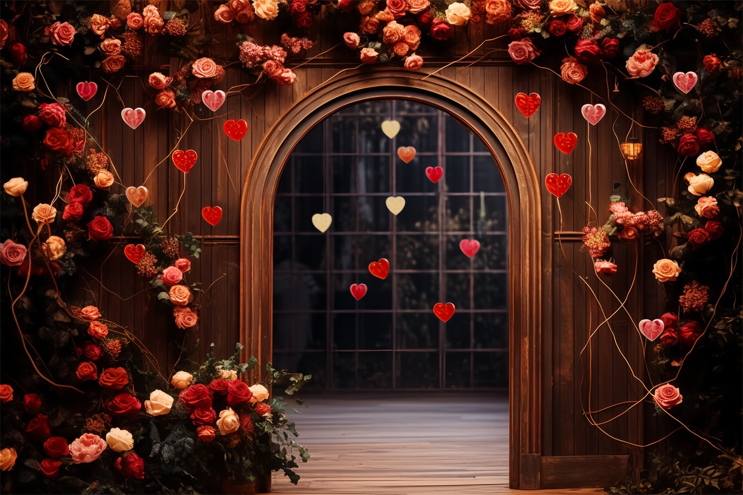 Valentine's Day Backdrops Wooden Arch Roses Hearts Backdrop BRP11-310