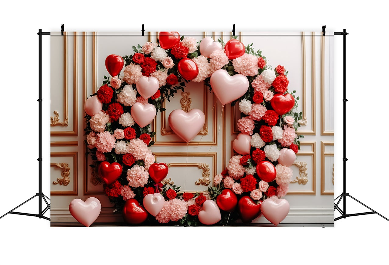 Valentines Photo Backdrop Rose Wreath Heart Balloons Backdrop BRP11-312