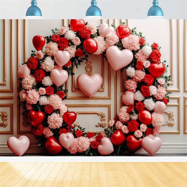 Valentines Photo Backdrop Rose Wreath Heart Balloons Backdrop BRP11-312