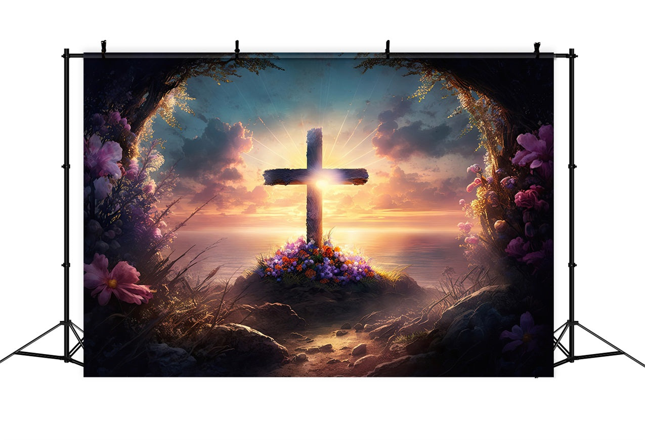 Photography Easter Backdrop Cross Floral Cliffside Sunset Backdrop BRP11-318