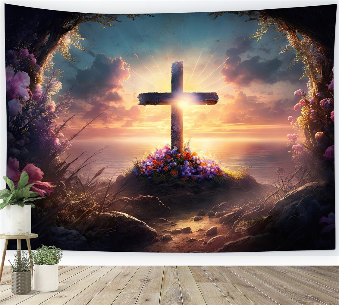 Photography Easter Backdrop Cross Floral Cliffside Sunset Backdrop BRP11-318