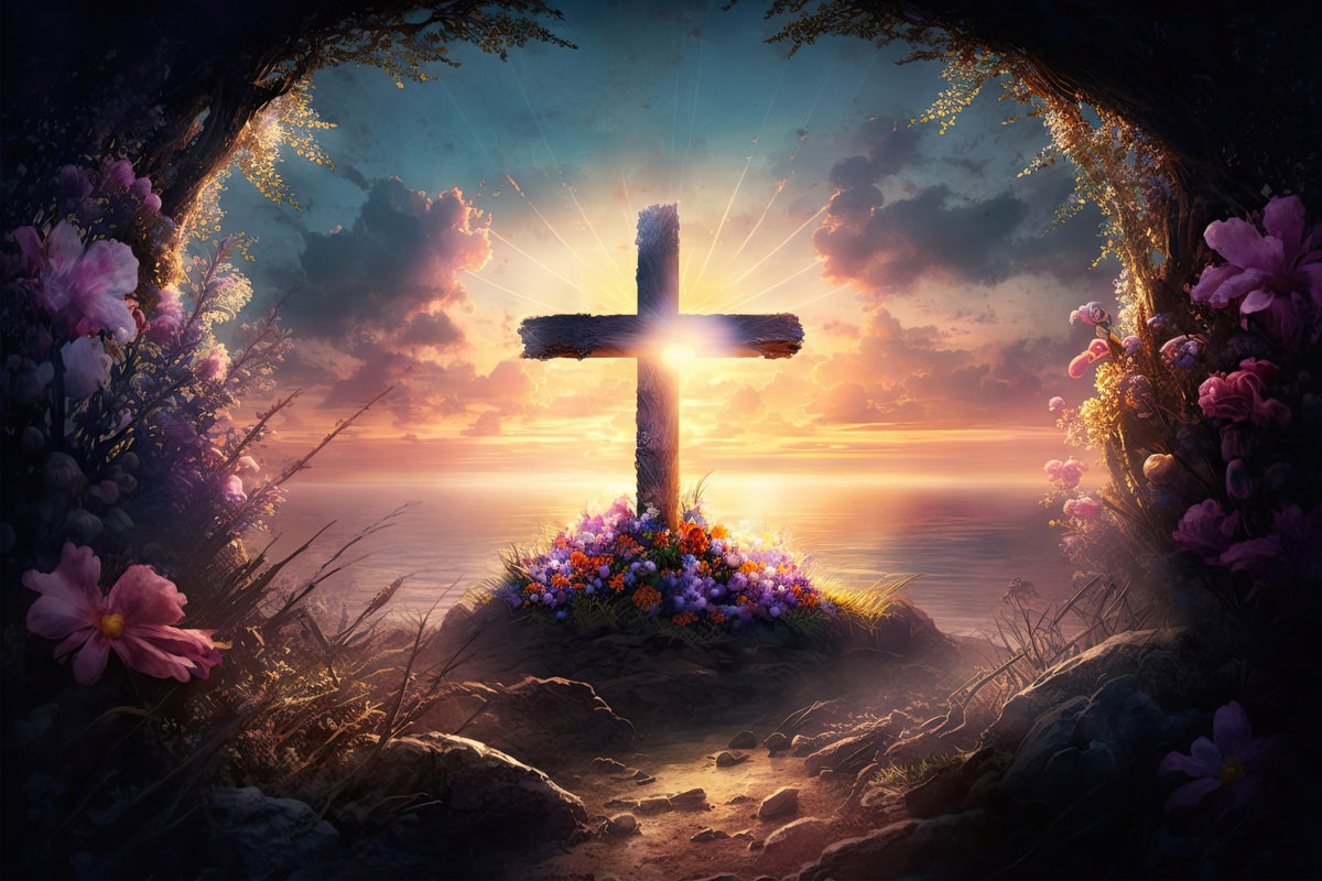 Photography Easter Backdrop Cross Floral Cliffside Sunset Backdrop BRP11-318