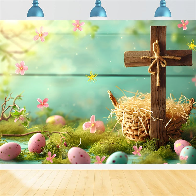 Easter Egg Backdrop Basket Cross Pastel Eggs Backdrop BRP11-320