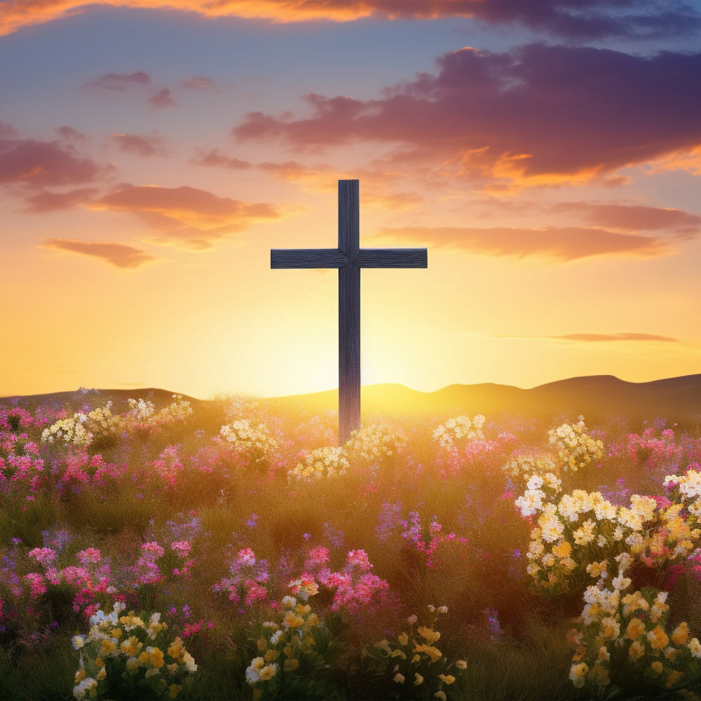 Easter Photography Backdrop Vibrant Blooming Meadow Cross Backdrop BRP11-321