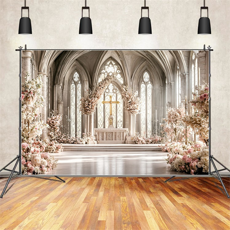 Photo Backdrops For Easter Cathedral Cross Florals Backdrop BRP11-331