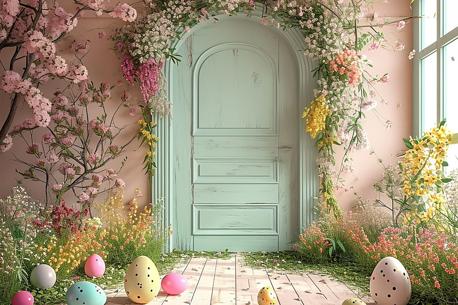 Easter Backdrops Ideas Egg Mint Door Florals Backdrop BRP11-340