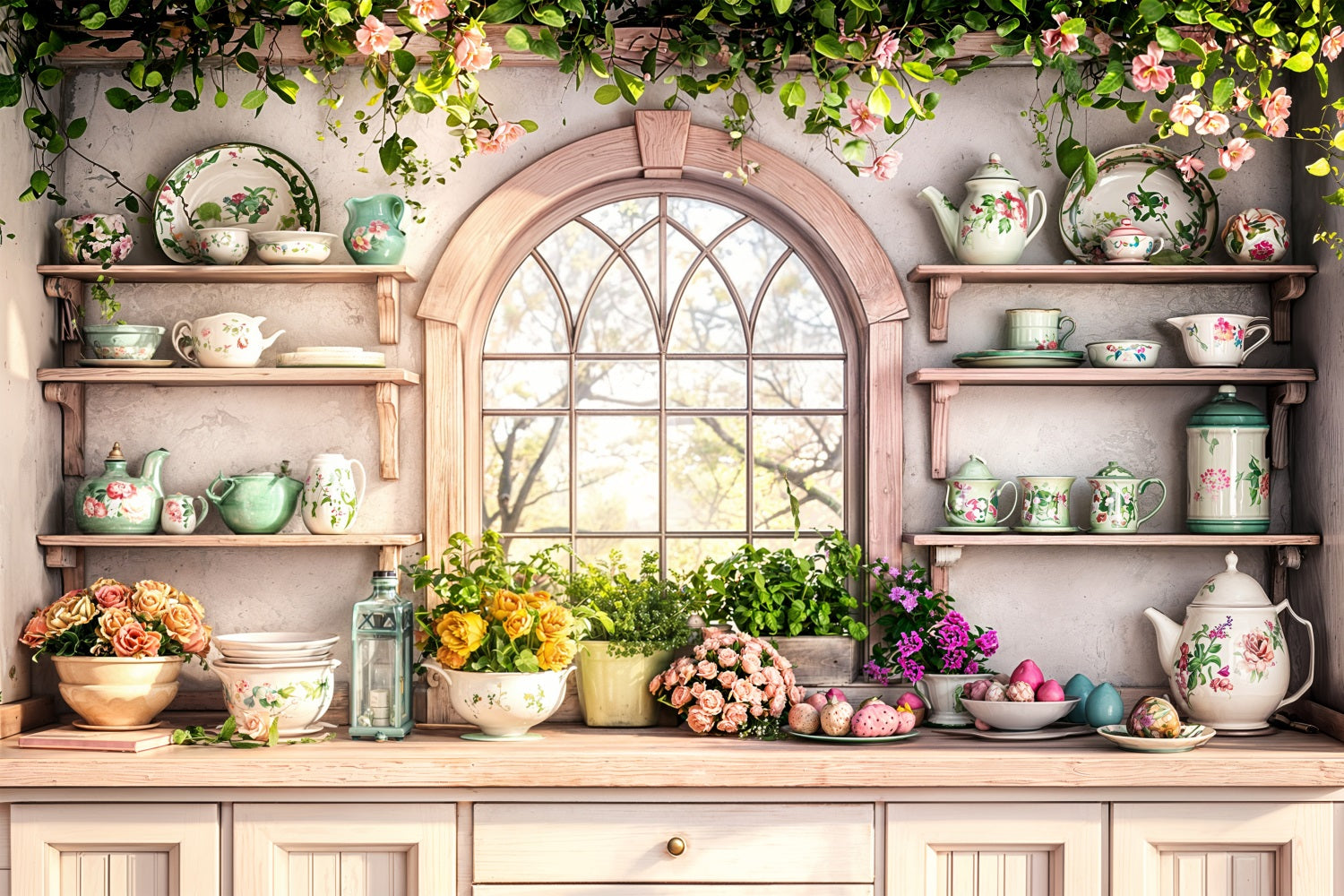 Easter Themed Backdrop Kitchen Shelves Floral Backdrop BRP11-344