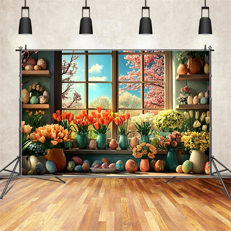 Easter Flower Backdrop Egg Window Decor Backdrop BRP11-348