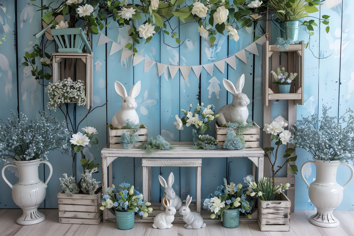 Easter Bunny Backdrop Blue Floral Table Backdrop BRP11-355