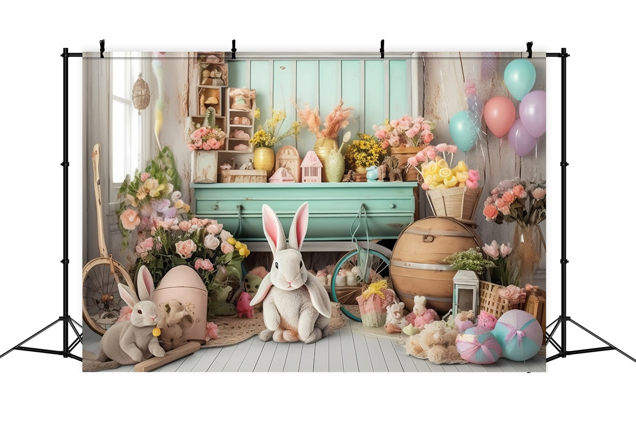 Backdrops Easter Rustic Rabbit Floral Shelf Backdrop BRP11-363