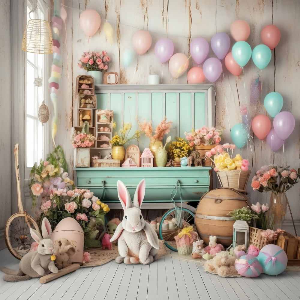 Backdrops Easter Rustic Rabbit Floral Shelf Backdrop BRP11-363