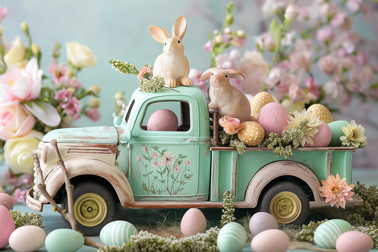 Easter Pictures Backdrop Bunny Truck Floral Eggs Backdrop BRP11-366