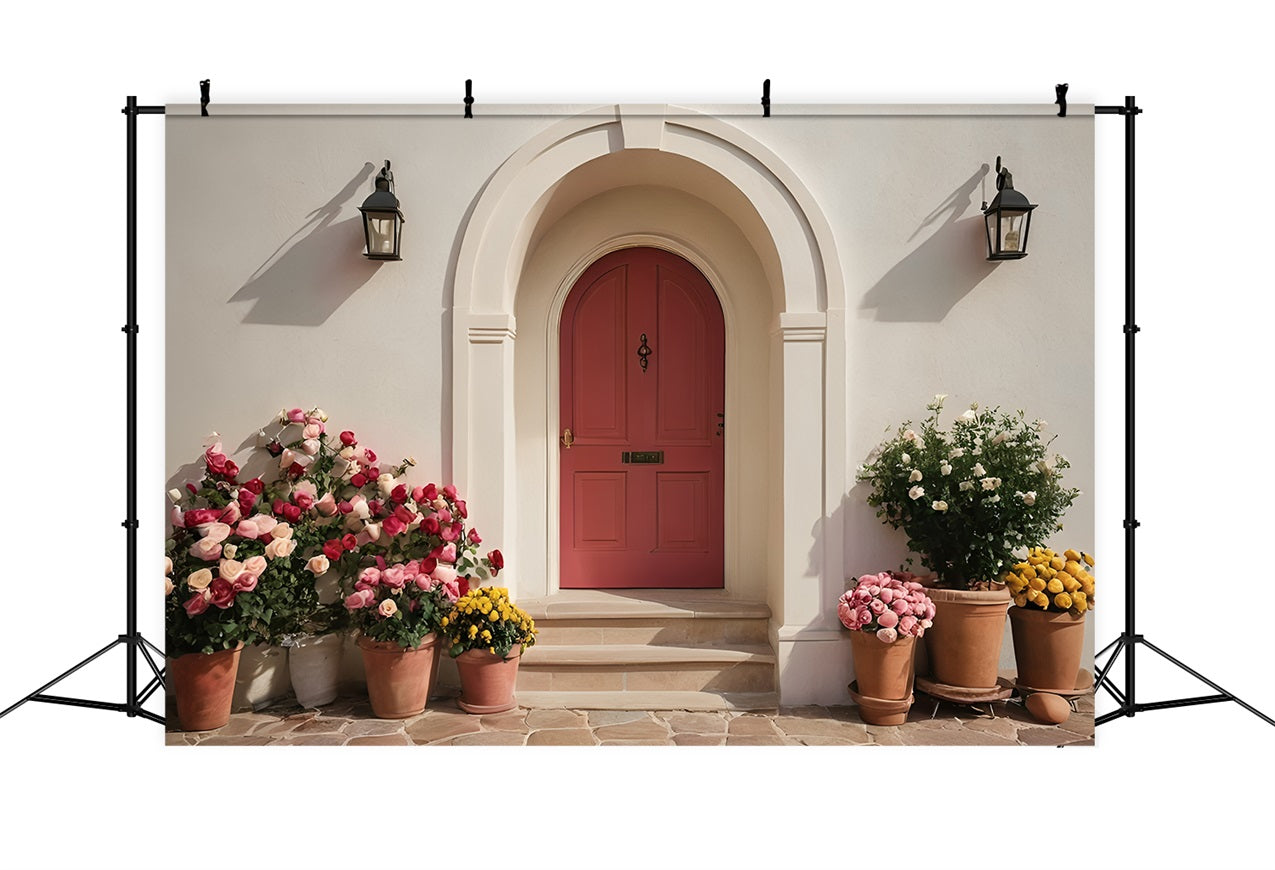 Valentine Photo Backdrop Door Vibrant Potted Flowers Backdrop BRP11-394