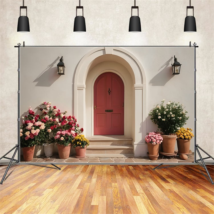 Valentine Photo Backdrop Door Vibrant Potted Flowers Backdrop BRP11-394