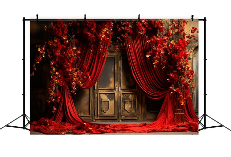 Valentines Photo Booth Backdrop Red Drapes Flowers Backdrop BRP11-395