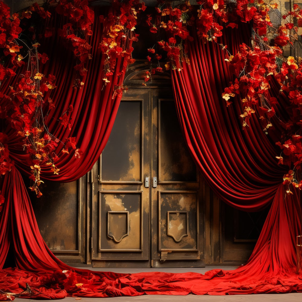 Valentines Photo Booth Backdrop Red Drapes Flowers Backdrop BRP11-395