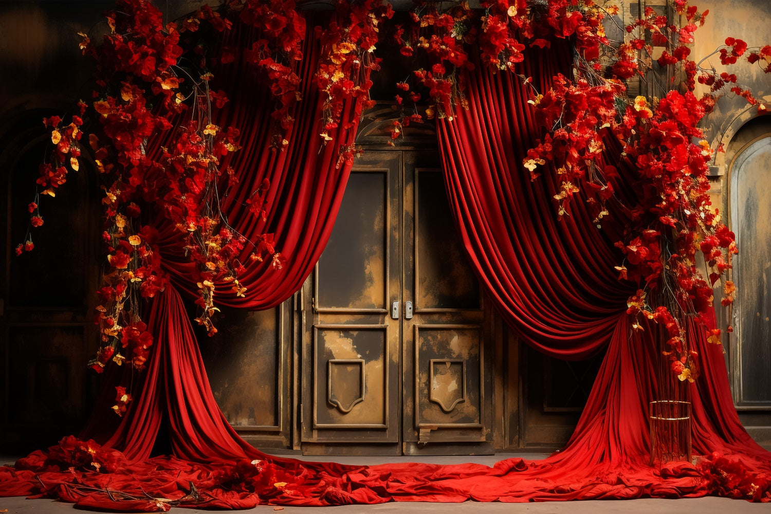 Valentines Photo Booth Backdrop Red Drapes Flowers Backdrop BRP11-395