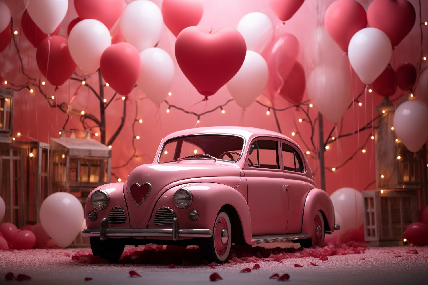 Valentine Photo Shoot Backdrop Pink Car Heart Balloons Backdrop BRP11-404