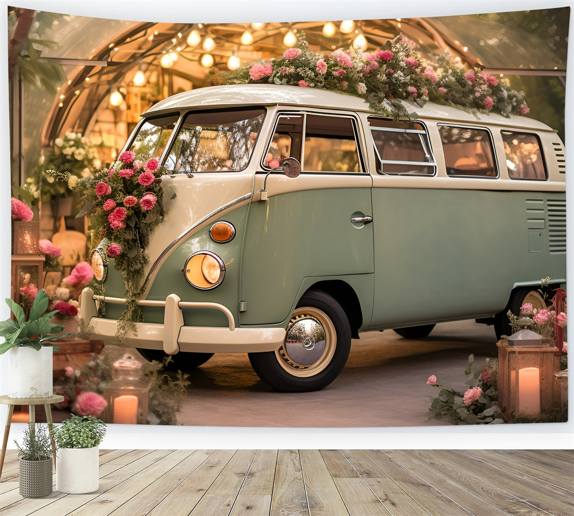 Photoshoot Valentines Backdrop Green Bus Floral Wedding Backdrop BRP11-405