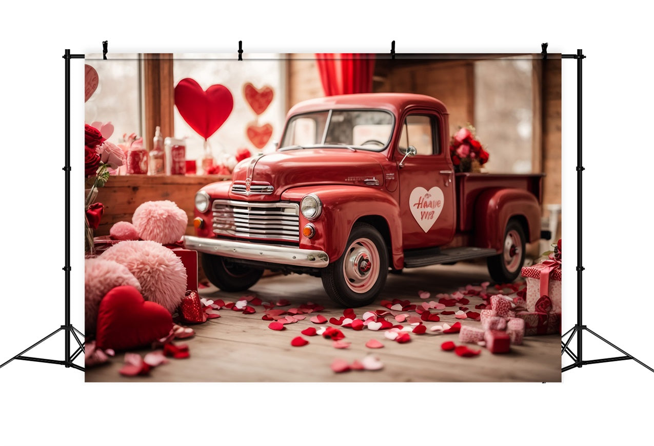 Backdrop Valentine Heart-Themed Decorated Red Truck Backdrop BRP11-407