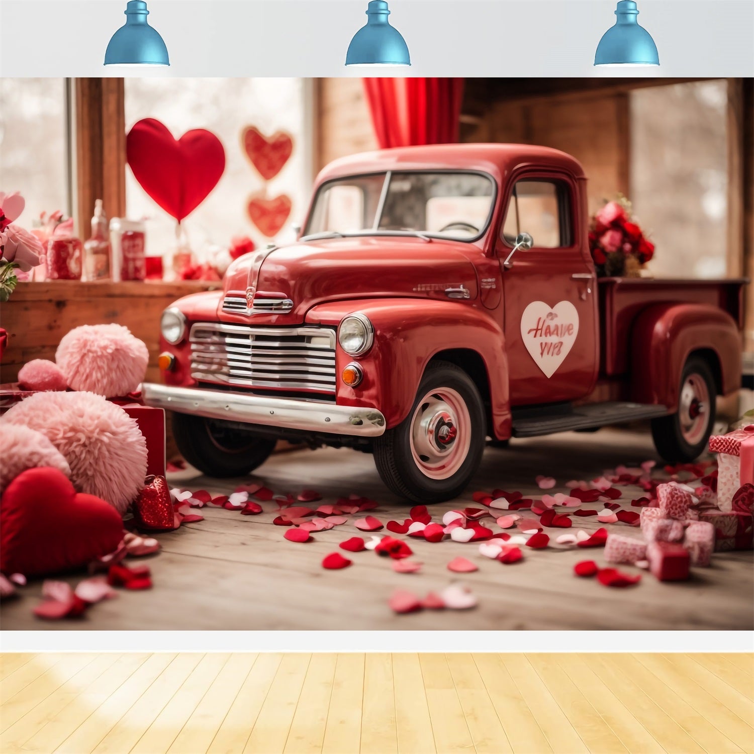 Backdrop Valentine Heart-Themed Decorated Red Truck Backdrop BRP11-407