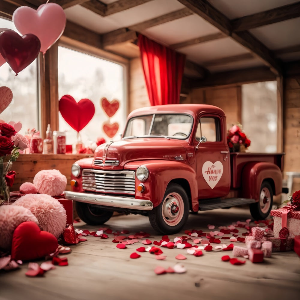 Backdrop Valentine Heart-Themed Decorated Red Truck Backdrop BRP11-407