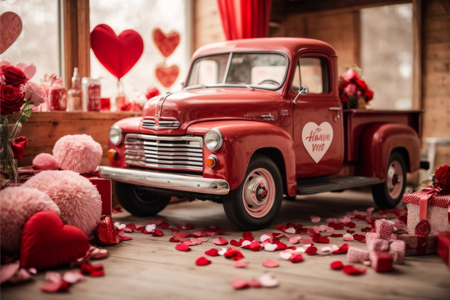 Backdrop Valentine Heart-Themed Decorated Red Truck Backdrop BRP11-407